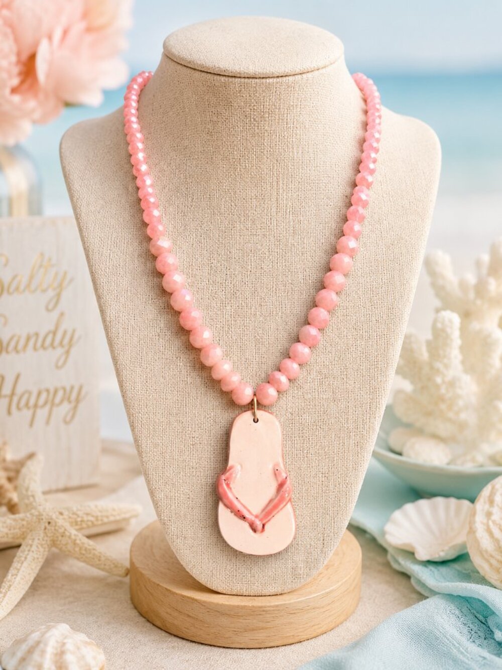 Pink Flip Flop Beaded Necklace | Summer Beach Jewelry | Coastal Vacation Necklac